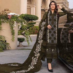 Mehndi Green Sequence With Floral Embroidered Georgette Pakistani Suit - Peachmode