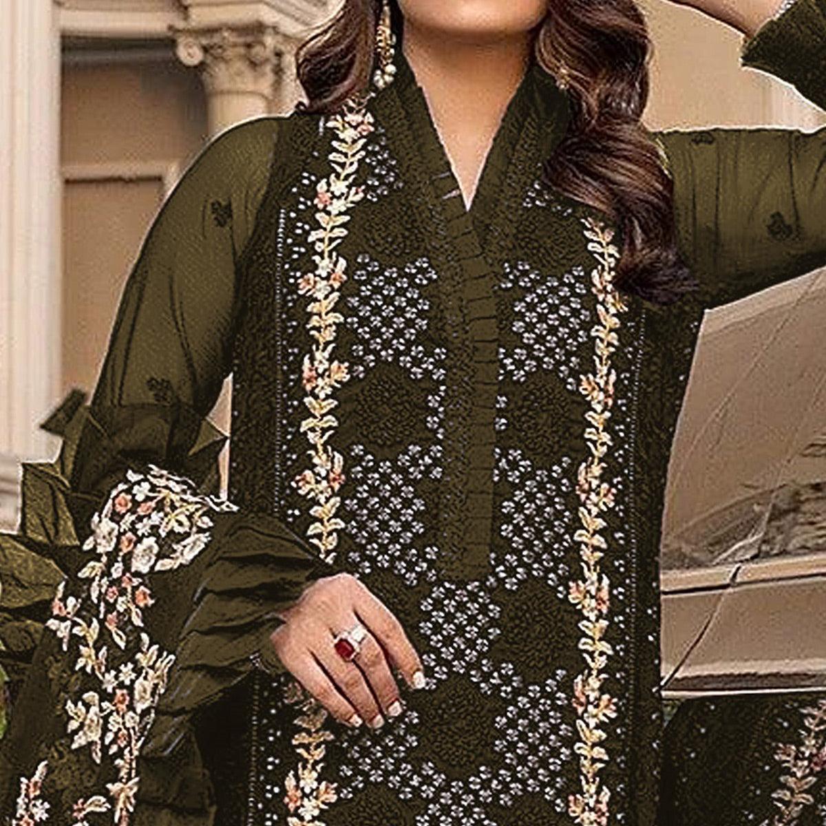 Mehndi Green Sequence With Floral Embroidered Georgette Pakistani Suit - Peachmode
