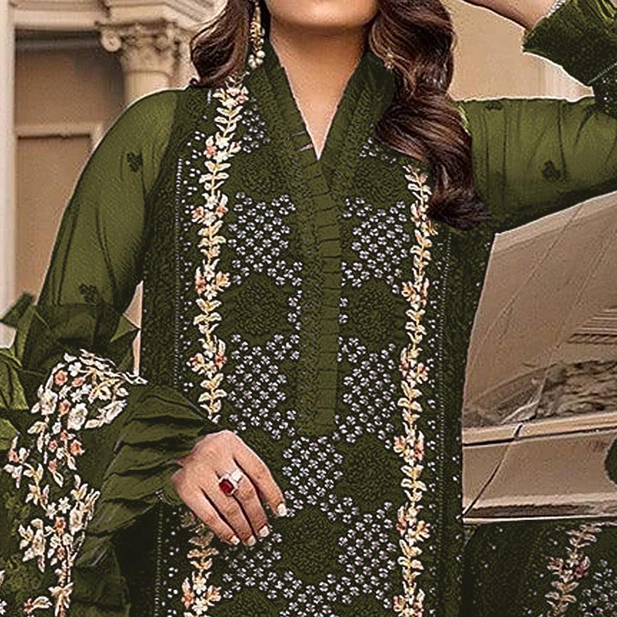 Mehndi Green Sequence With Floral Embroidered Georgette Pakistani Suit - Peachmode