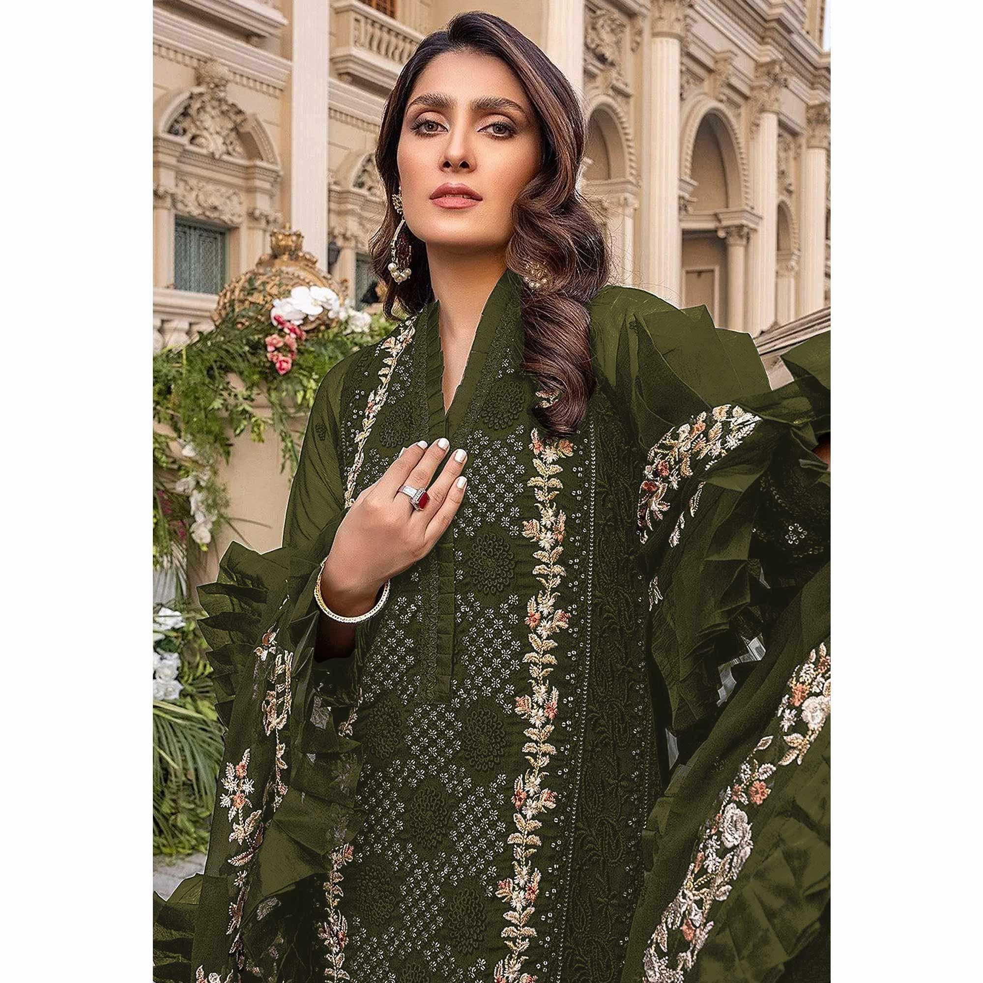 Mehndi Green Sequence With Floral Embroidered Georgette Pakistani Suit - Peachmode