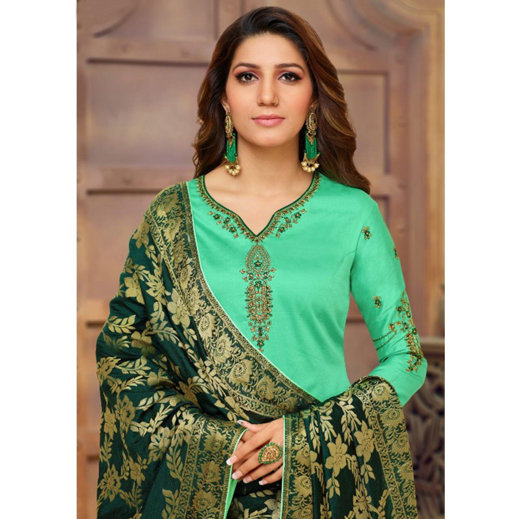 Mesmeric Aqua Green Colored Partywear Embroidered Jam Cotton Suit With Banarasi Silk Dupatta - Peachmode