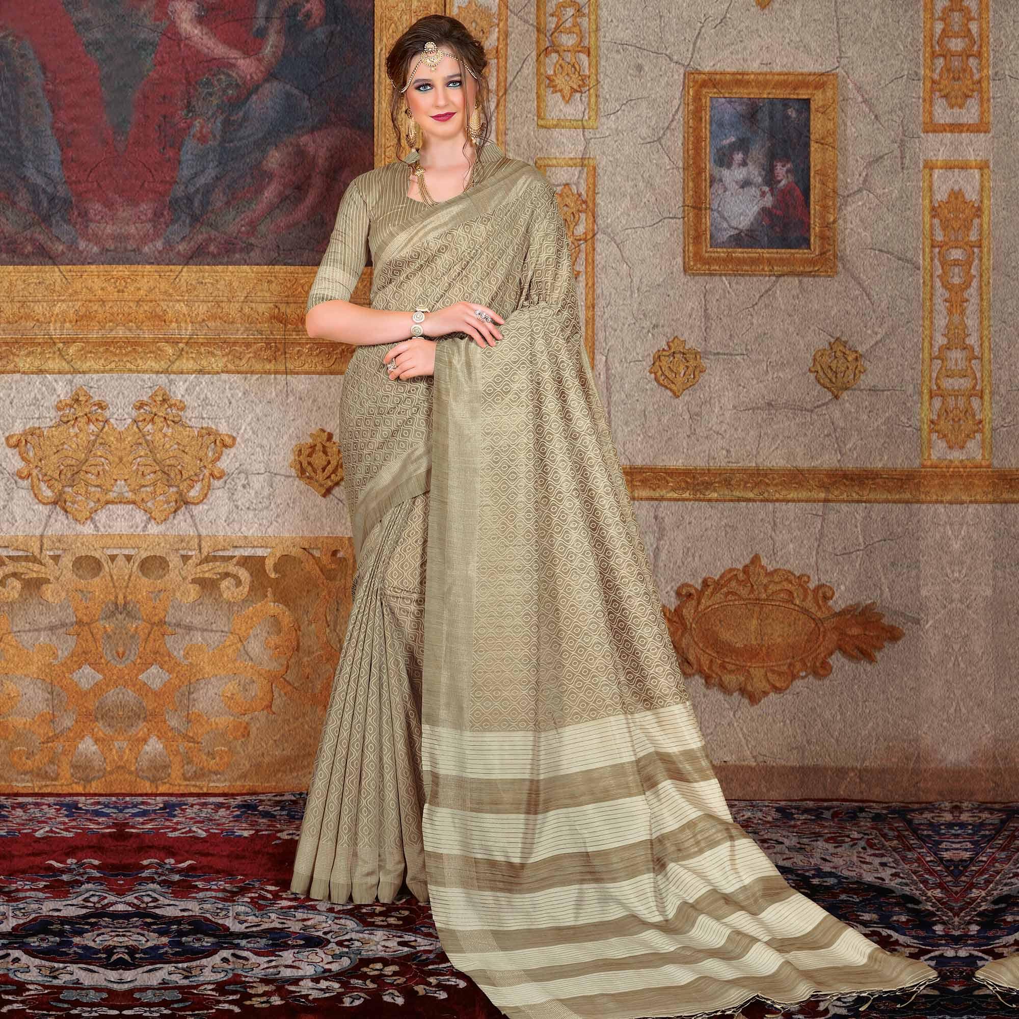 Mesmeric Beige Colored Festive Wear Printed Bhagalpuri Silk Saree - Peachmode