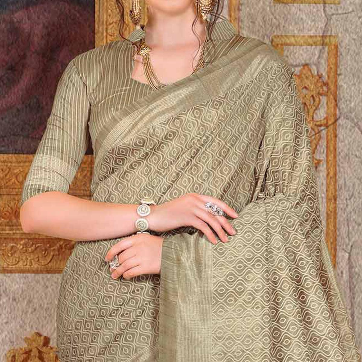 Mesmeric Beige Colored Festive Wear Printed Bhagalpuri Silk Saree - Peachmode
