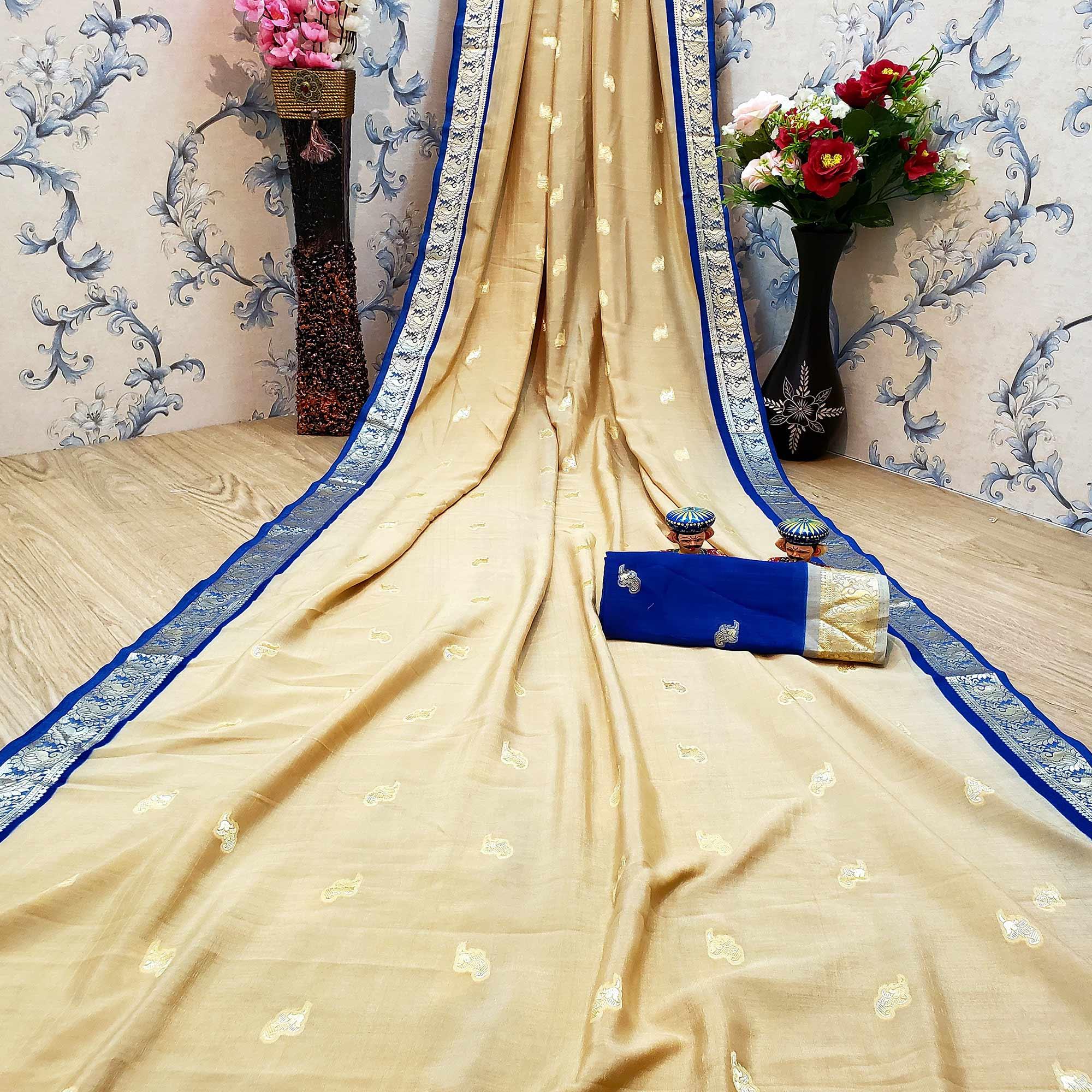 Mesmeric Beige Colored Festive Wear Woven Soft Vichitra Silk Saree - Peachmode