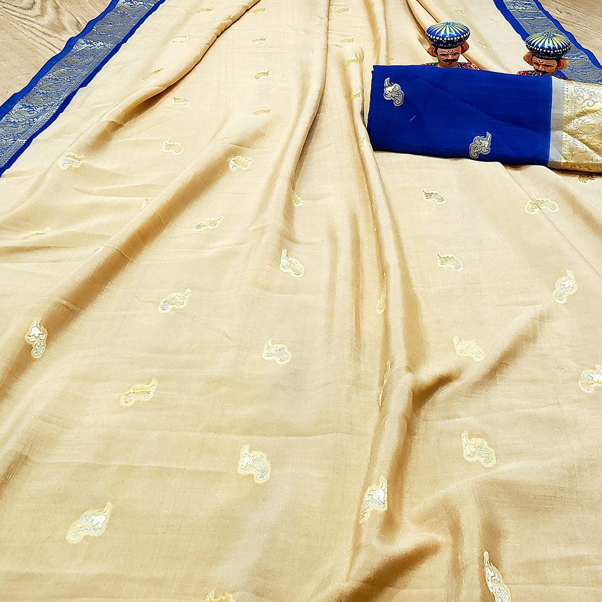 Mesmeric Beige Colored Festive Wear Woven Soft Vichitra Silk Saree - Peachmode