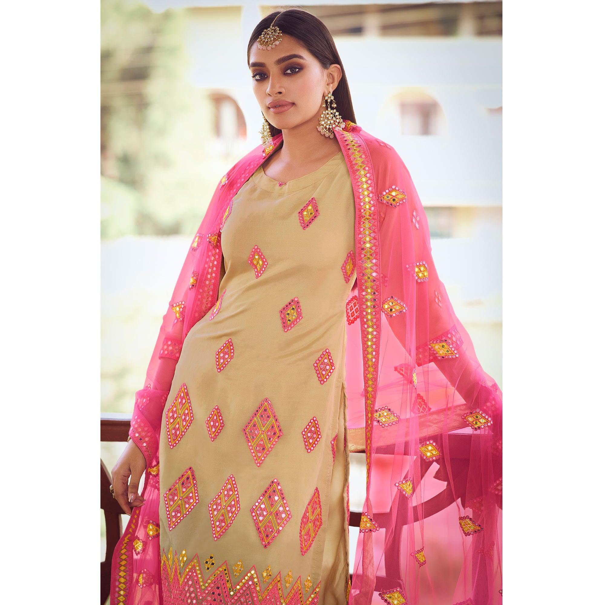 Mesmeric Beige Coloured Partywear Thread Foil Mirror Work Organza Pallazo Suit - Peachmode