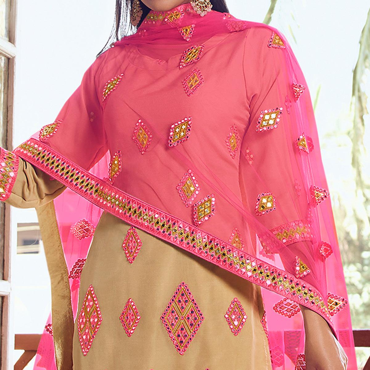 Mesmeric Beige Coloured Partywear Thread Foil Mirror Work Organza Pallazo Suit - Peachmode
