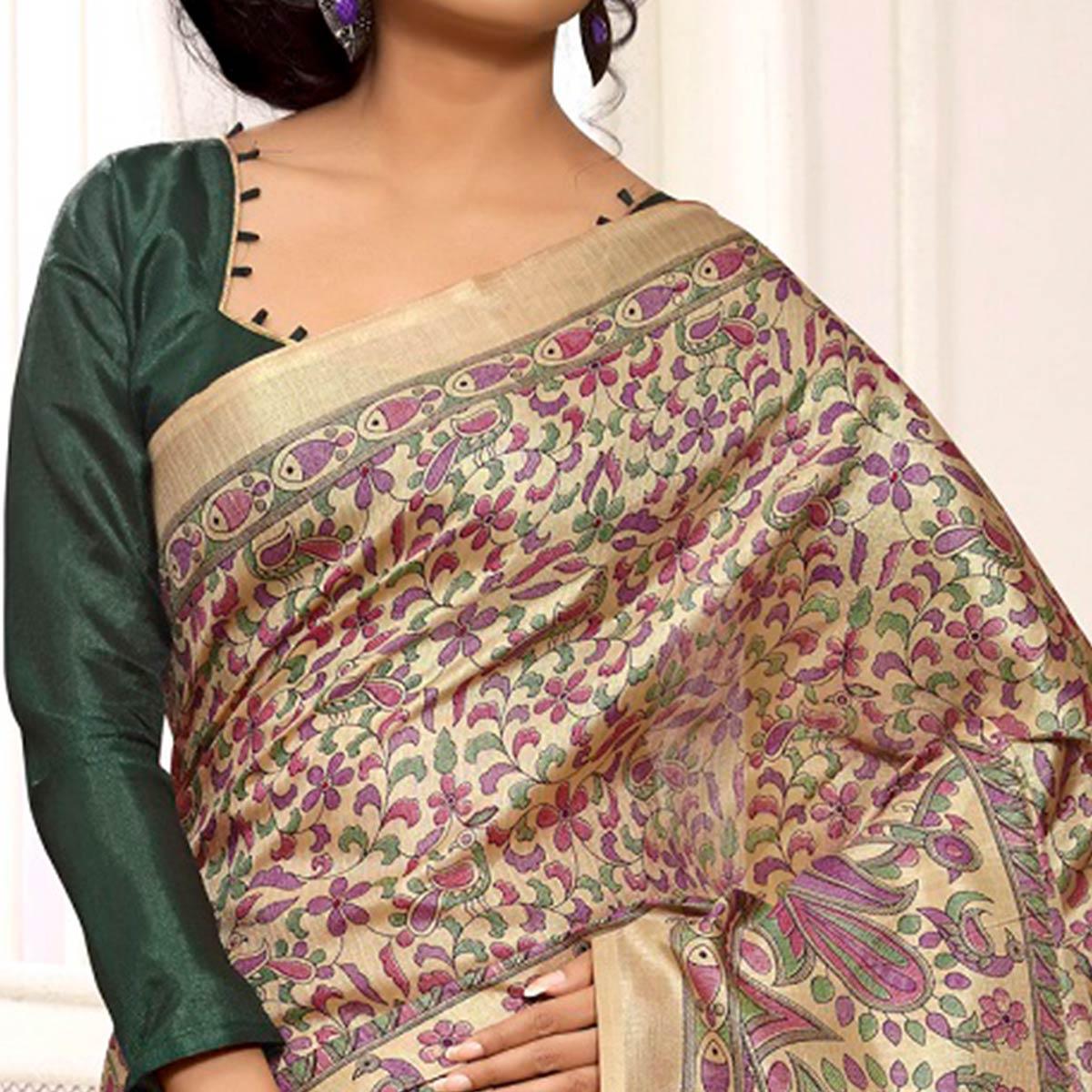 Mesmeric Beige-Green Colored Casual Madhubani Printed Cotton Silk Saree - Peachmode