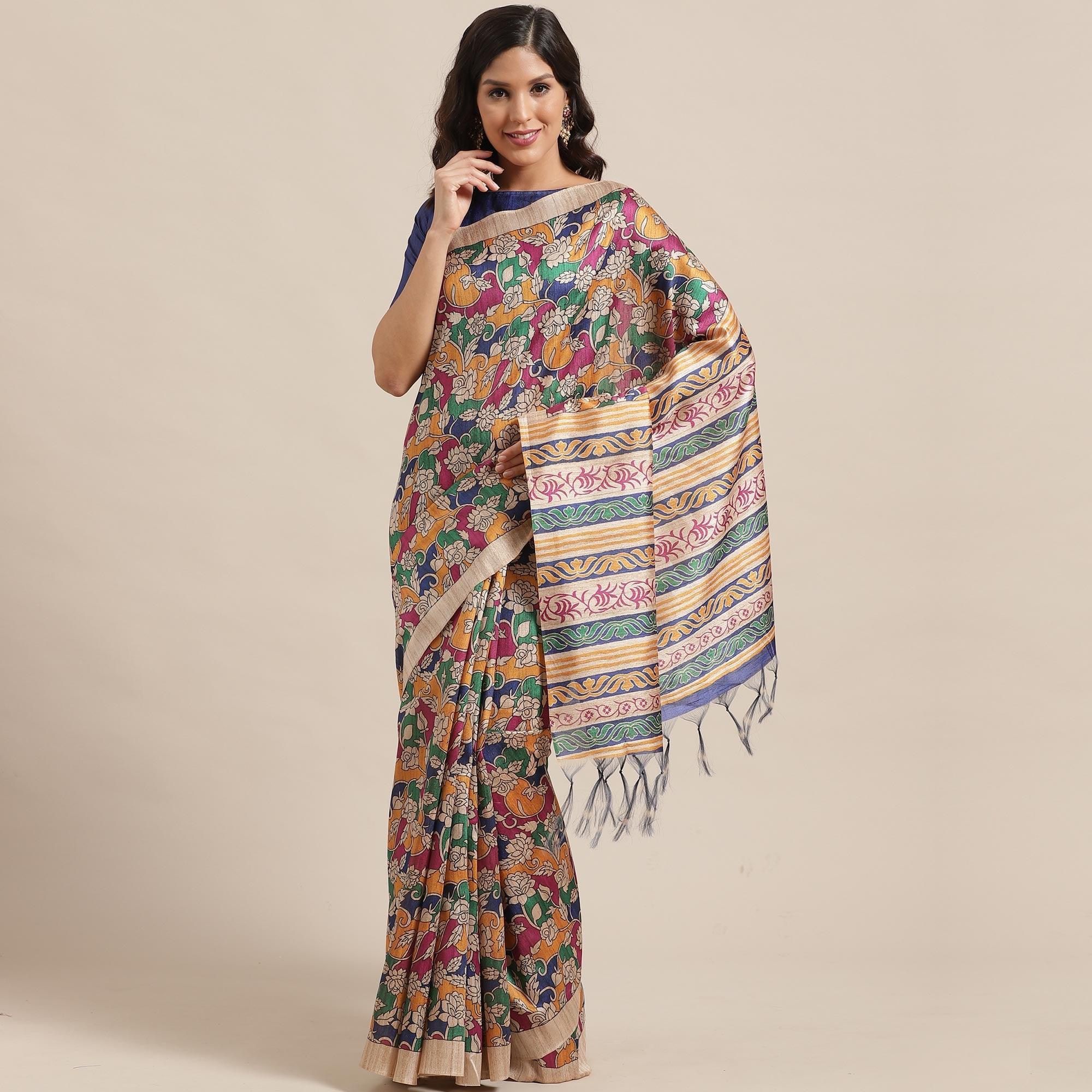 Mesmeric Beige-Multi Colored Casual Wear Floral Printed Silk Blend Saree With Tassels - Peachmode