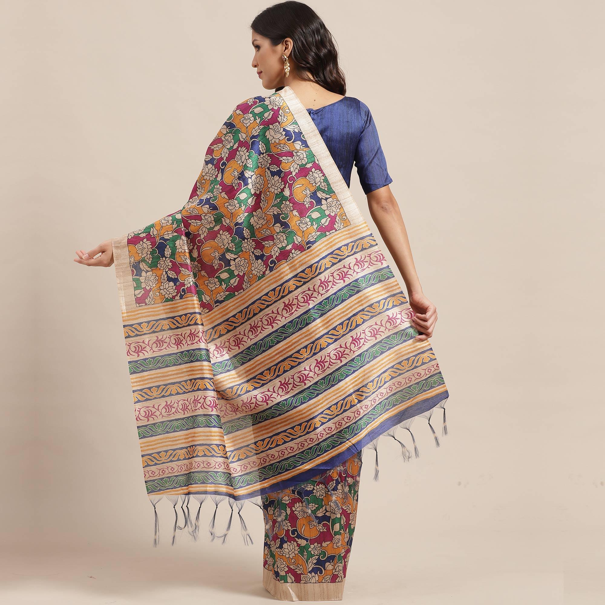 Mesmeric Beige-Multi Colored Casual Wear Floral Printed Silk Blend Saree With Tassels - Peachmode
