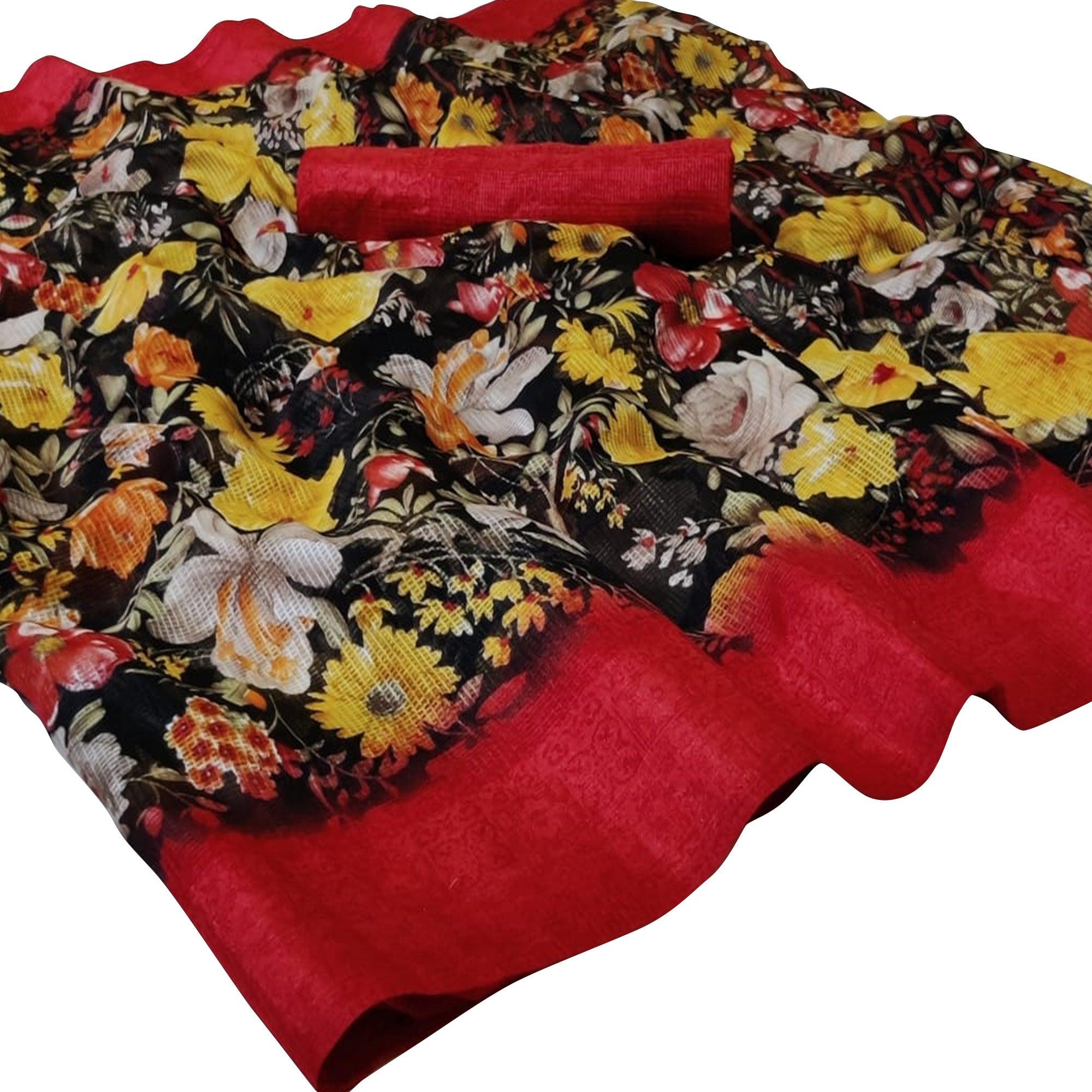 Mesmeric Black Colored Casual Wear Floral Printed Silk Saree - Peachmode