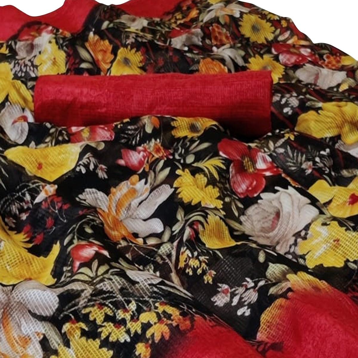 Mesmeric Black Colored Casual Wear Floral Printed Silk Saree - Peachmode