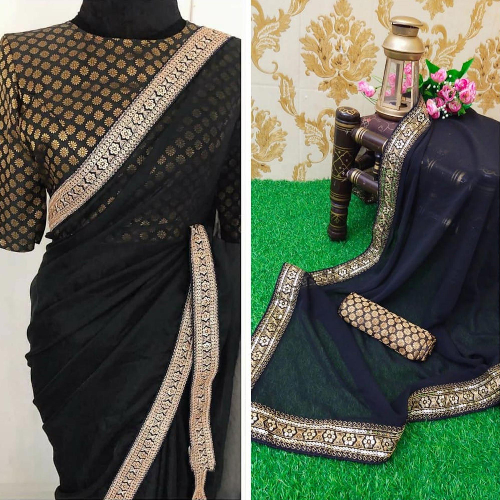 Mesmeric Black Colored Partywear Embroidered Georgette Saree - Peachmode