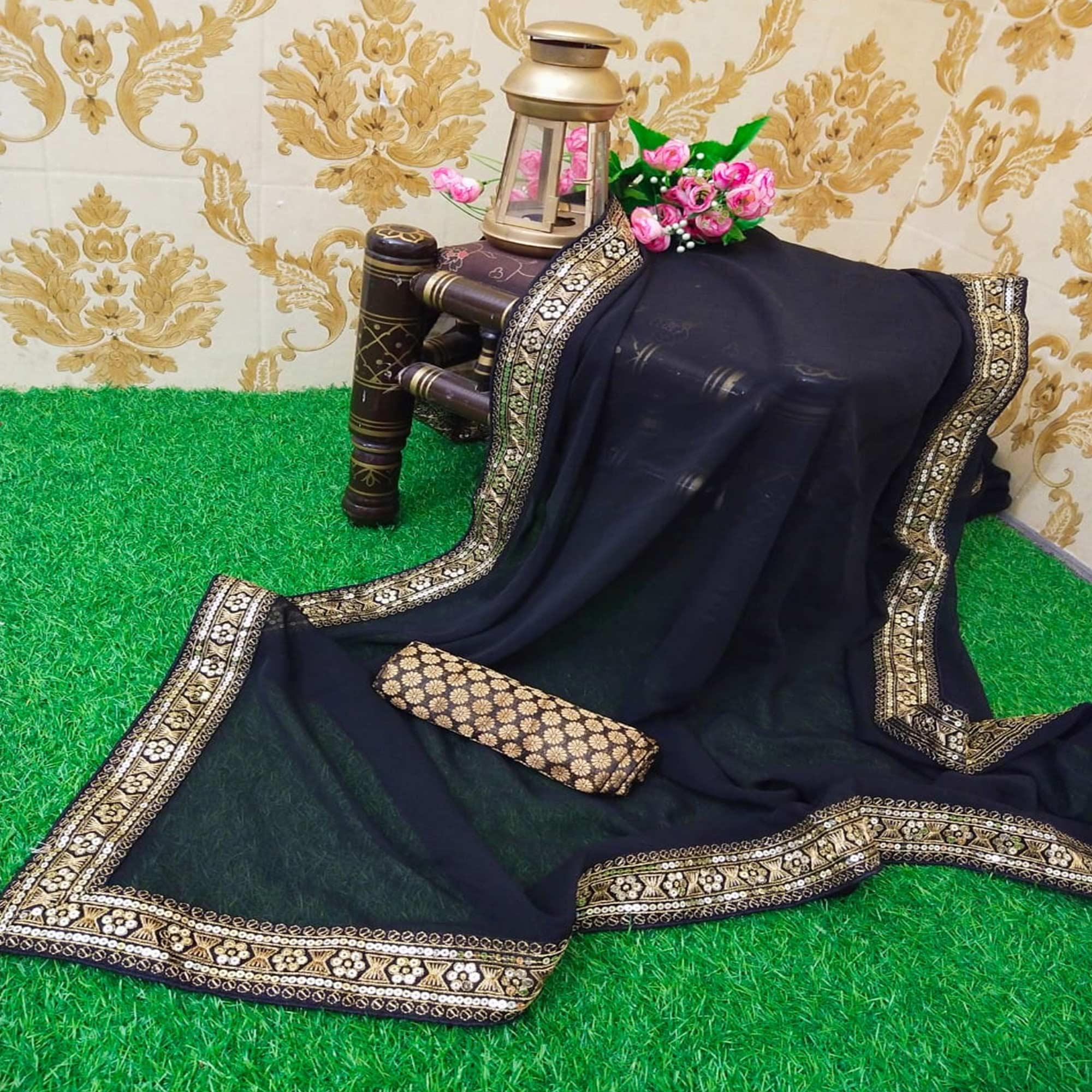 Mesmeric Black Colored Partywear Embroidered Georgette Saree - Peachmode