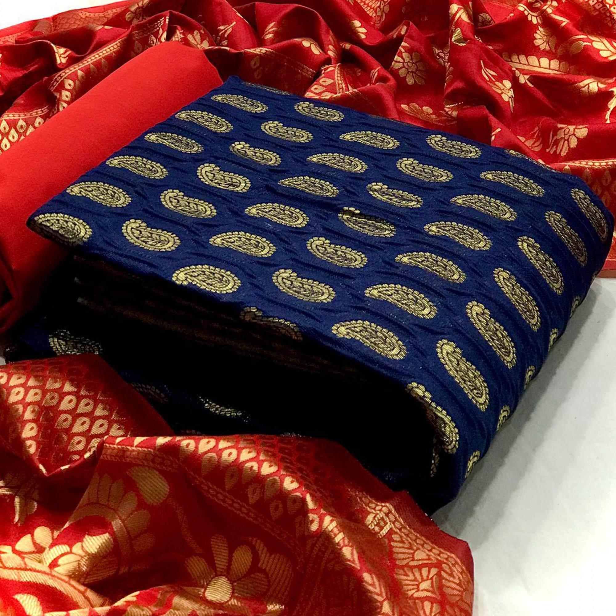 Mesmeric Blue Colored Casual Wear Woven Banarasi Silk Dress Material - Peachmode