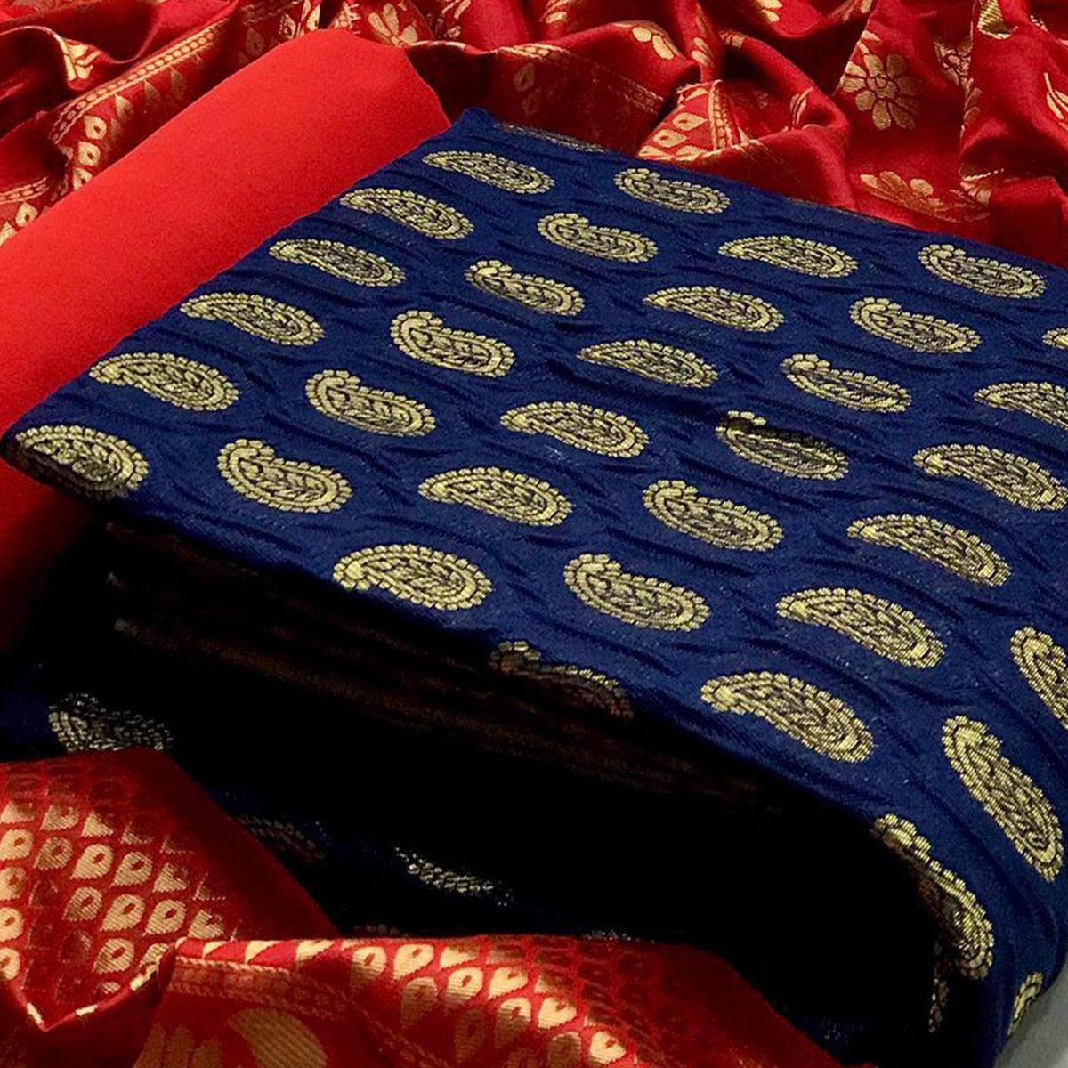 Mesmeric Blue Colored Casual Wear Woven Banarasi Silk Dress Material - Peachmode