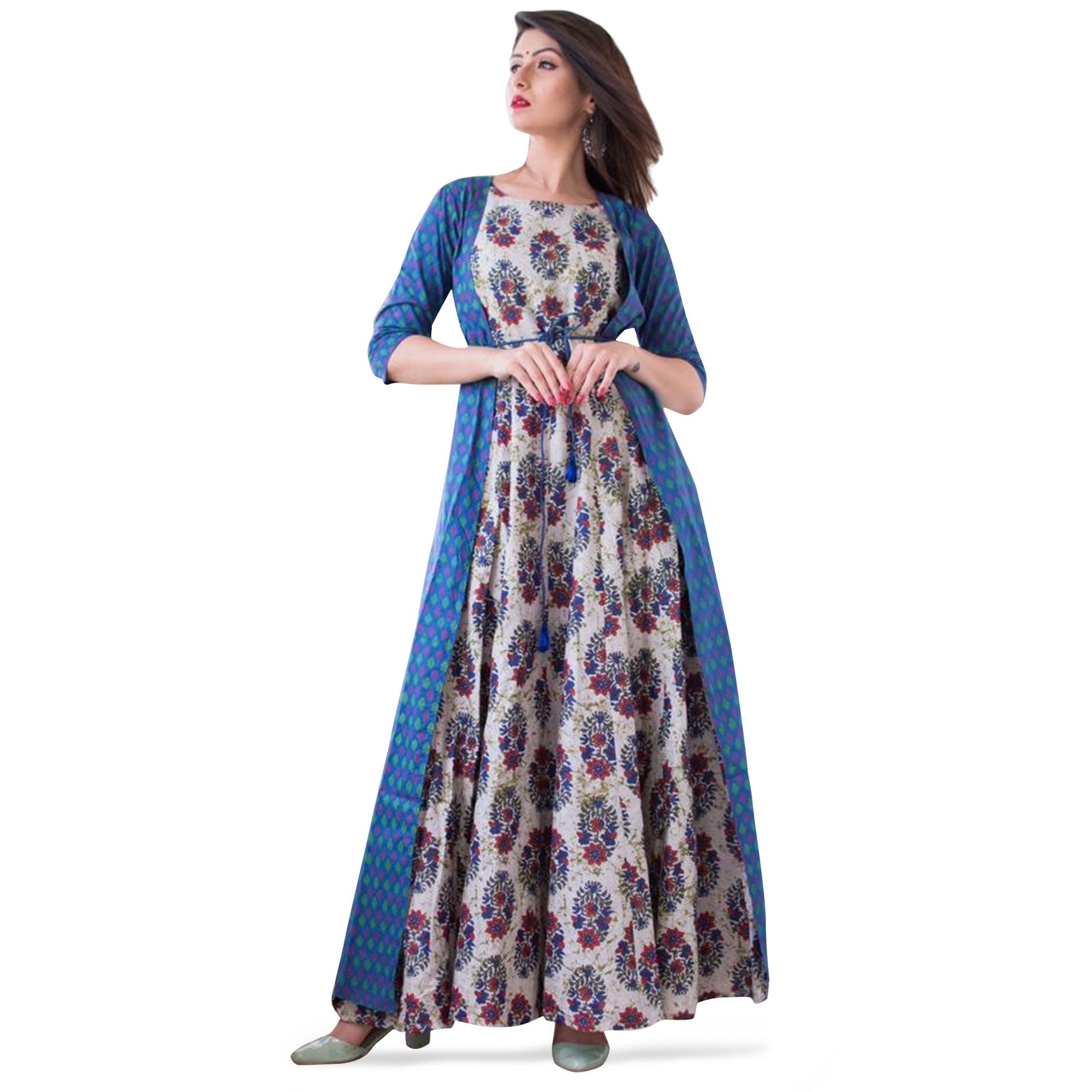 Mesmeric Blue-Multi Colored Casual Printed Muslin Jacket Style Gown - Peachmode
