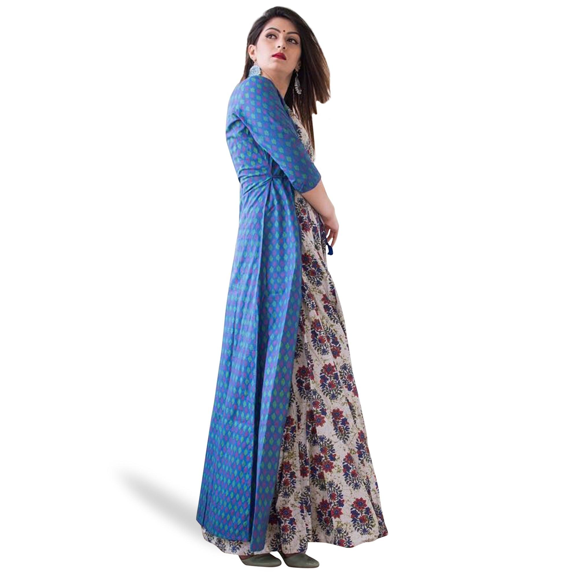 Mesmeric Blue-Multi Colored Casual Printed Muslin Jacket Style Gown - Peachmode