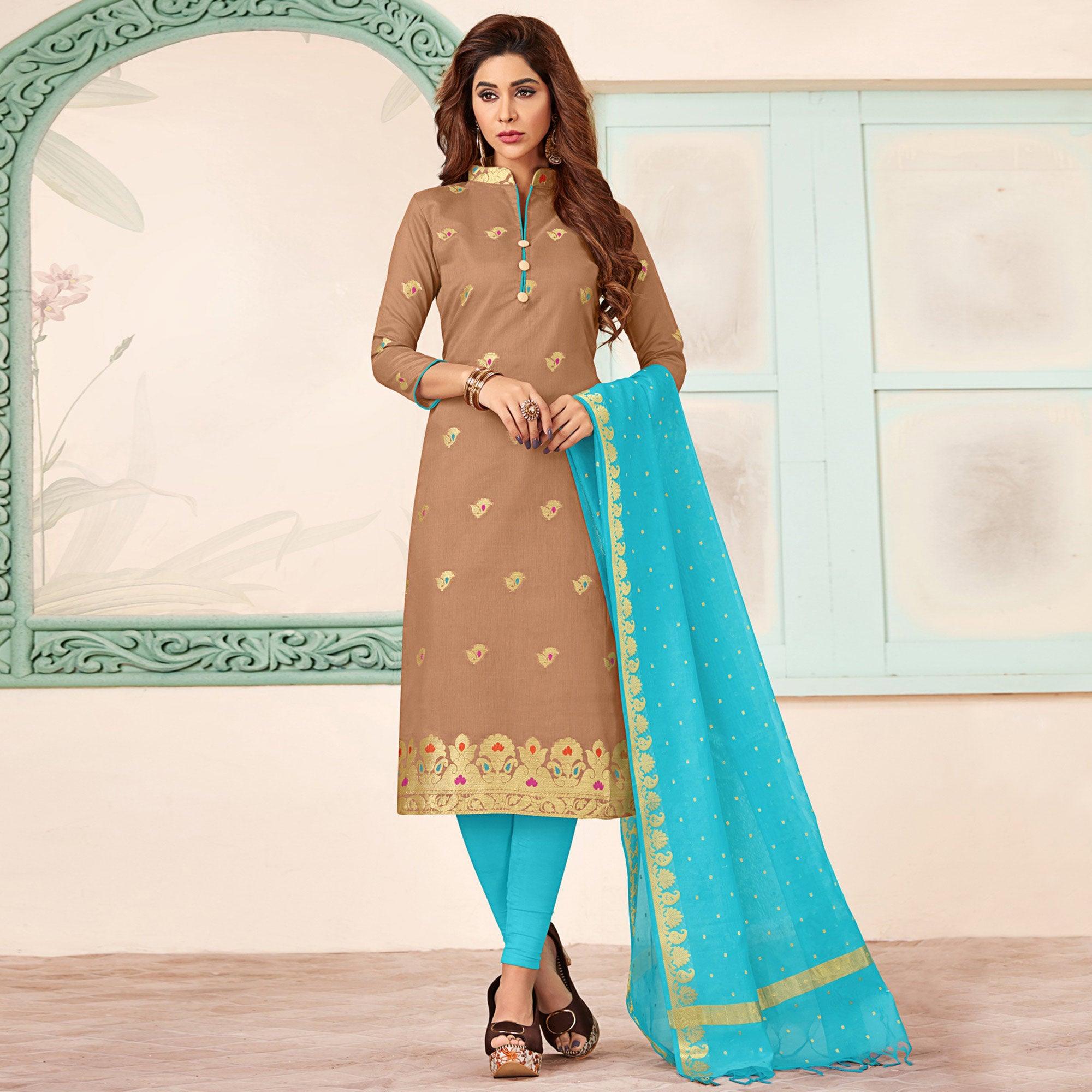 Mesmeric Brown Colored Casual Wear Woven Banarasi Silk Dress Material - Peachmode
