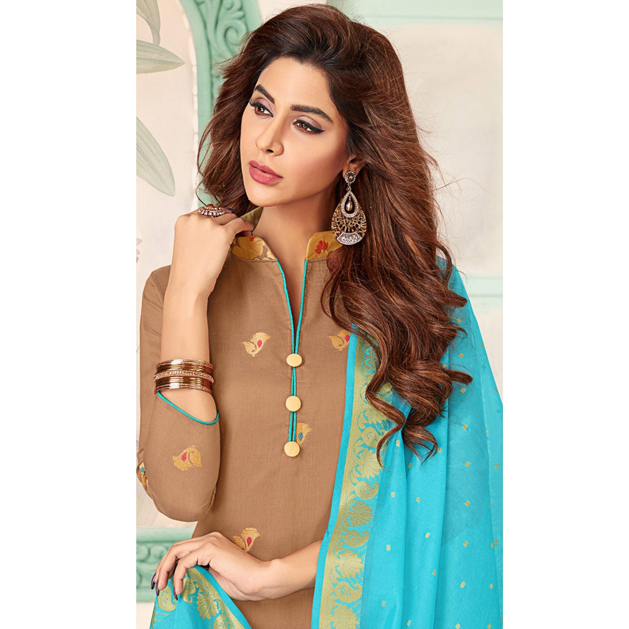 Mesmeric Brown Colored Casual Wear Woven Banarasi Silk Dress Material - Peachmode
