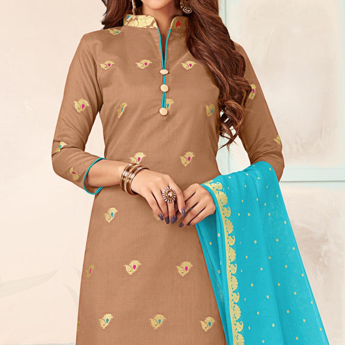 Mesmeric Brown Colored Casual Wear Woven Banarasi Silk Dress Material - Peachmode