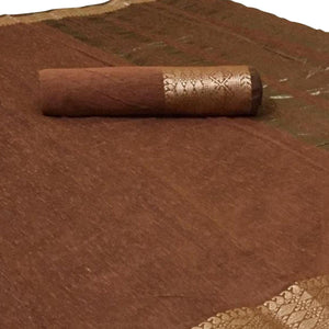 Mesmeric Brown Colored Festive Wear Woven Linen Saree - Peachmode