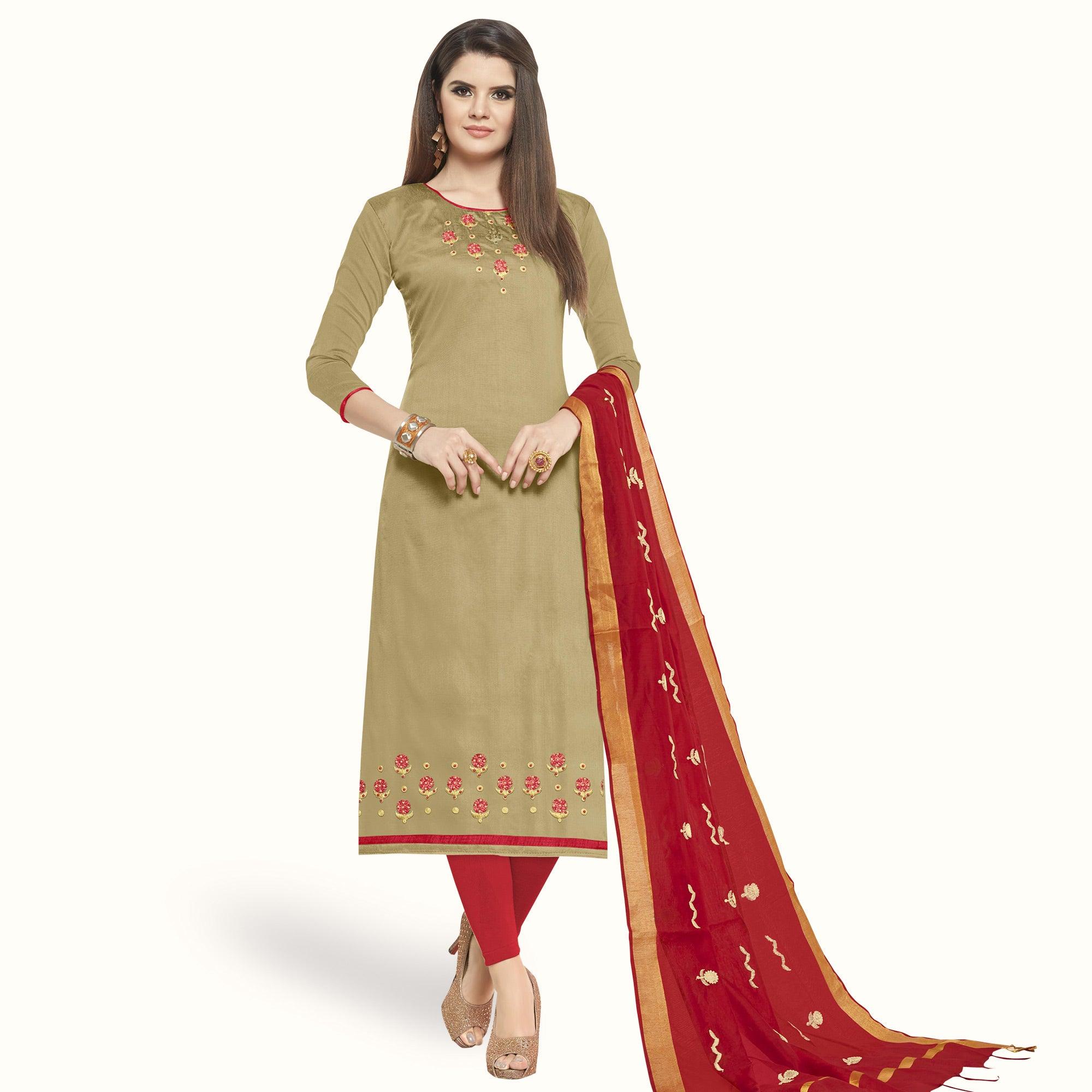 Mesmeric Chiku Colored Casual Wear Embroidered Cotton Dress Material - Peachmode