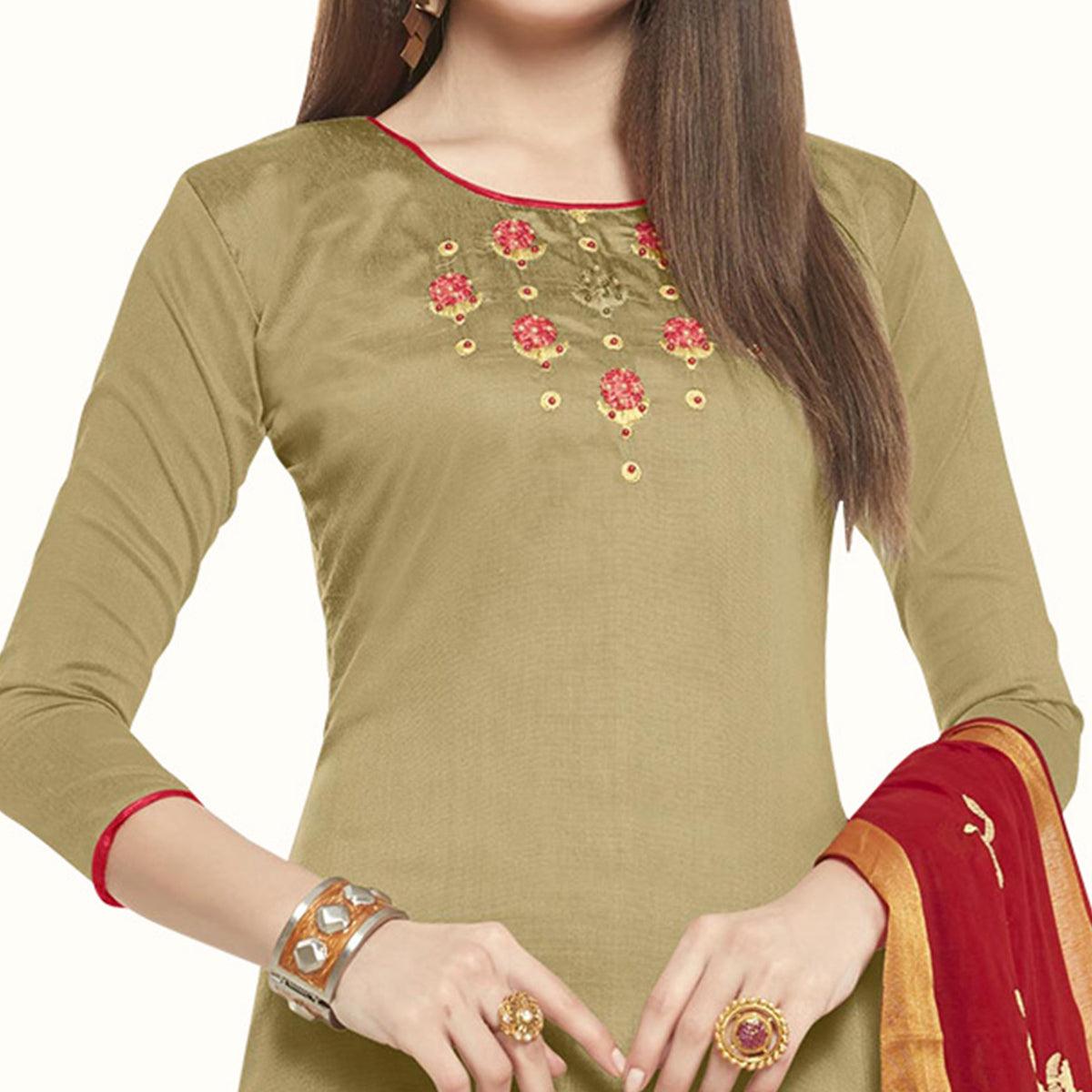 Mesmeric Chiku Colored Casual Wear Embroidered Cotton Dress Material - Peachmode