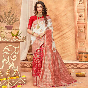 Mesmeric Cream & Red Colored Festive Wear Woven Silk Blend Saree With Tassels - Peachmode