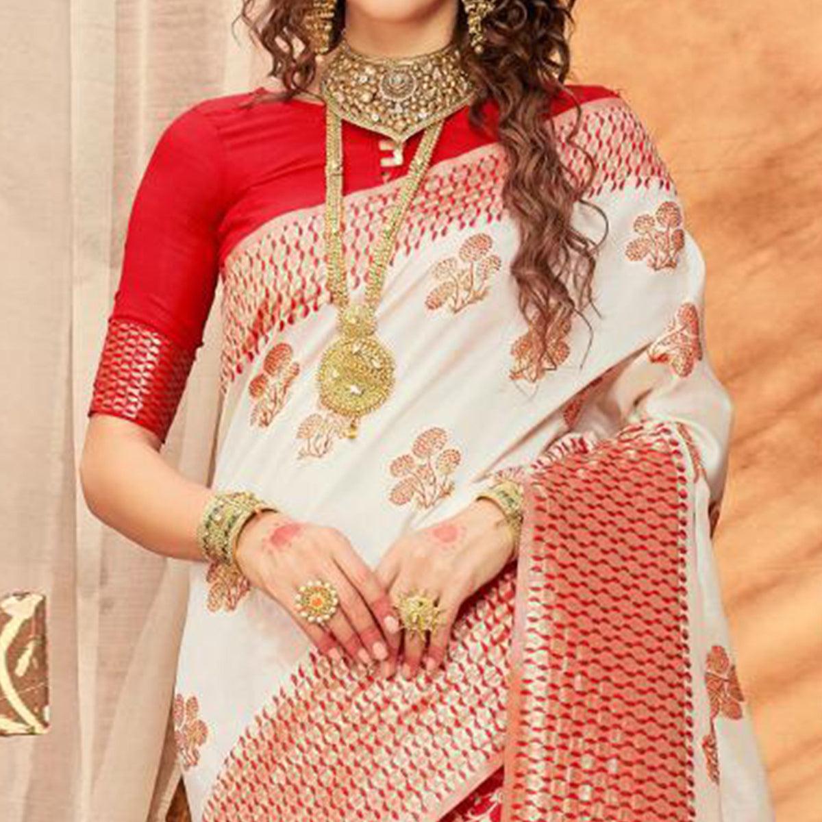 Mesmeric Cream & Red Colored Festive Wear Woven Silk Blend Saree With Tassels - Peachmode