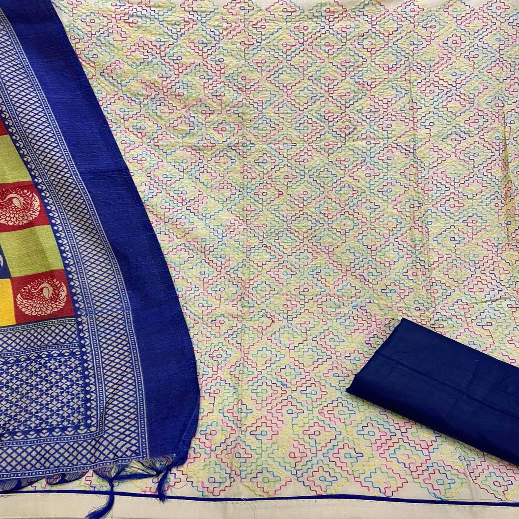 Mesmeric Cream - Blue Colored Casual Wear Embroidered Chanderi Dress Material - Peachmode