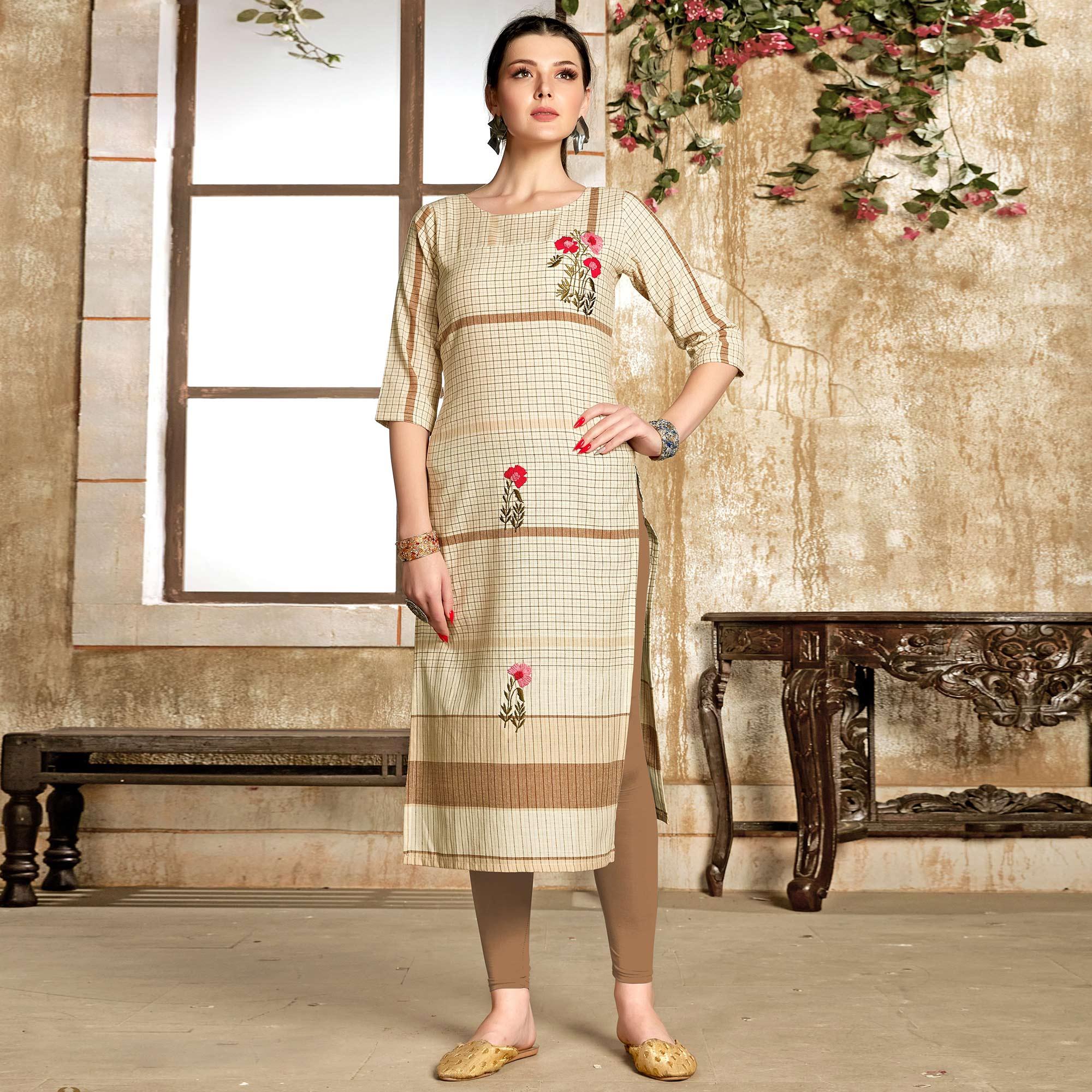 Mesmeric Cream - Chiku Colored Casual Wear Embroidered Pure Cotton Kurti - Peachmode