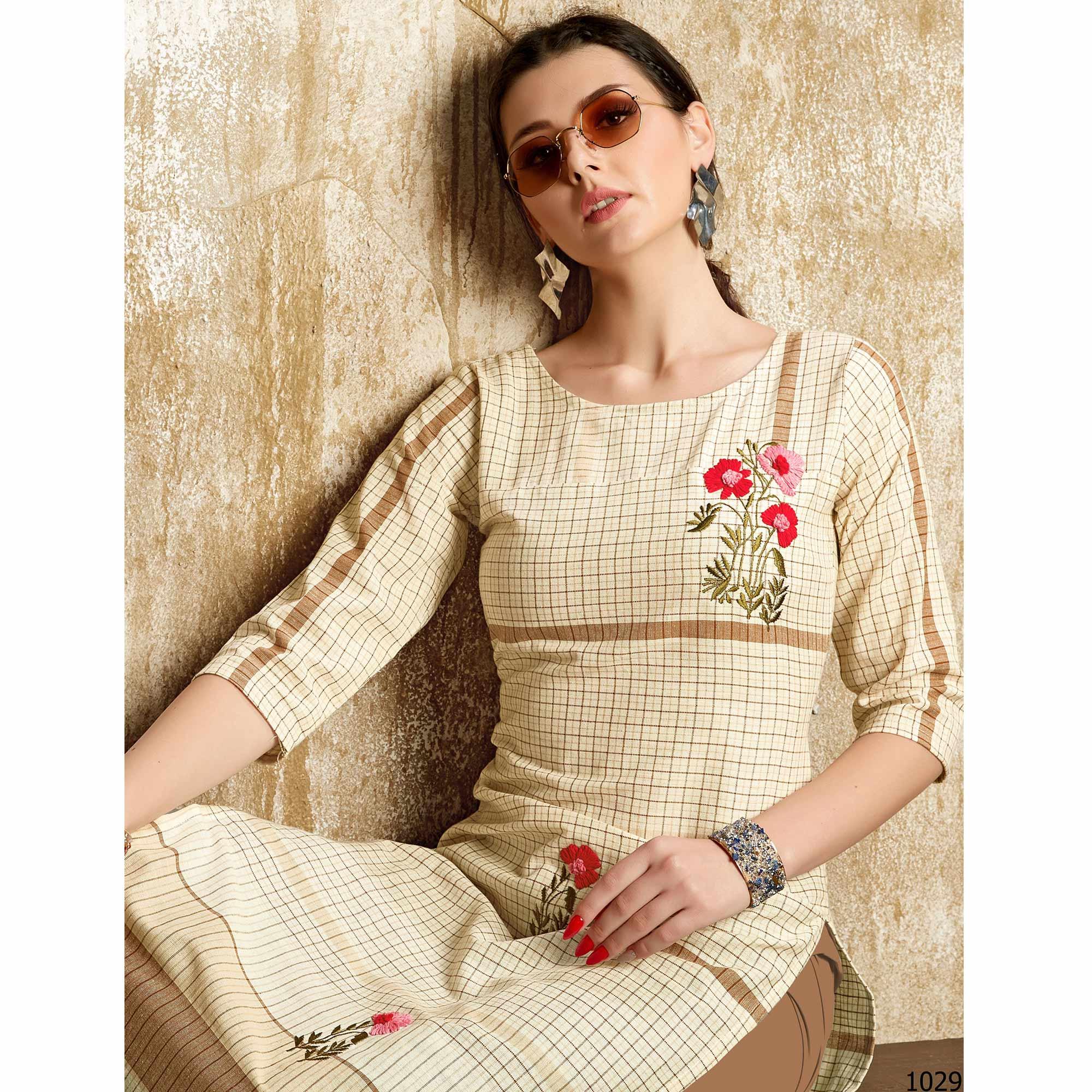 Mesmeric Cream - Chiku Colored Casual Wear Embroidered Pure Cotton Kurti - Peachmode