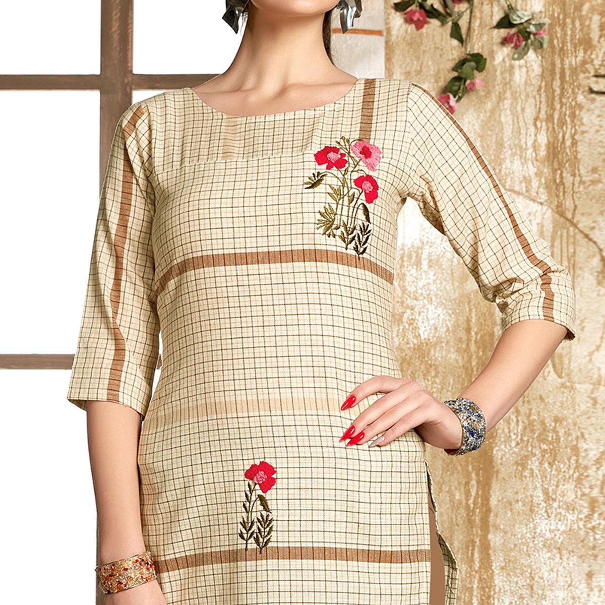 Mesmeric Cream - Chiku Colored Casual Wear Embroidered Pure Cotton Kurti - Peachmode