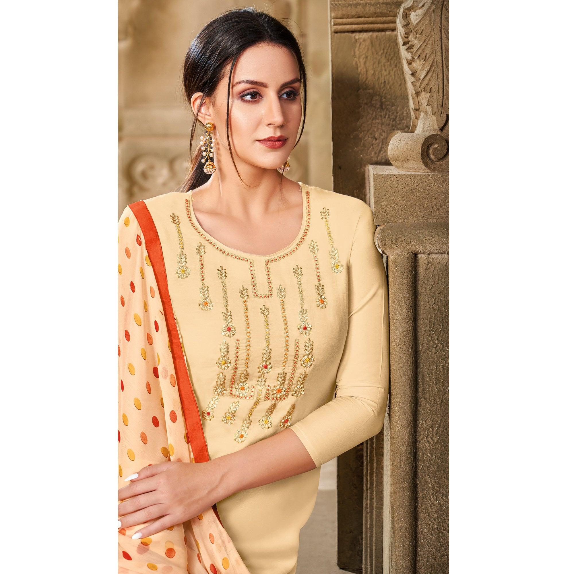 Mesmeric Cream Colored Casual Wear Embroidered Chanderi Dress Material - Peachmode