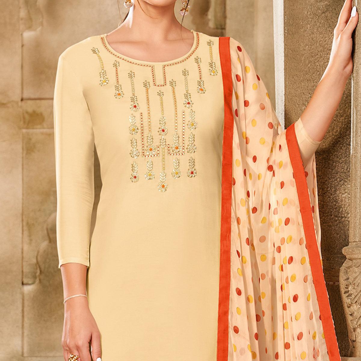 Mesmeric Cream Colored Casual Wear Embroidered Chanderi Dress Material - Peachmode