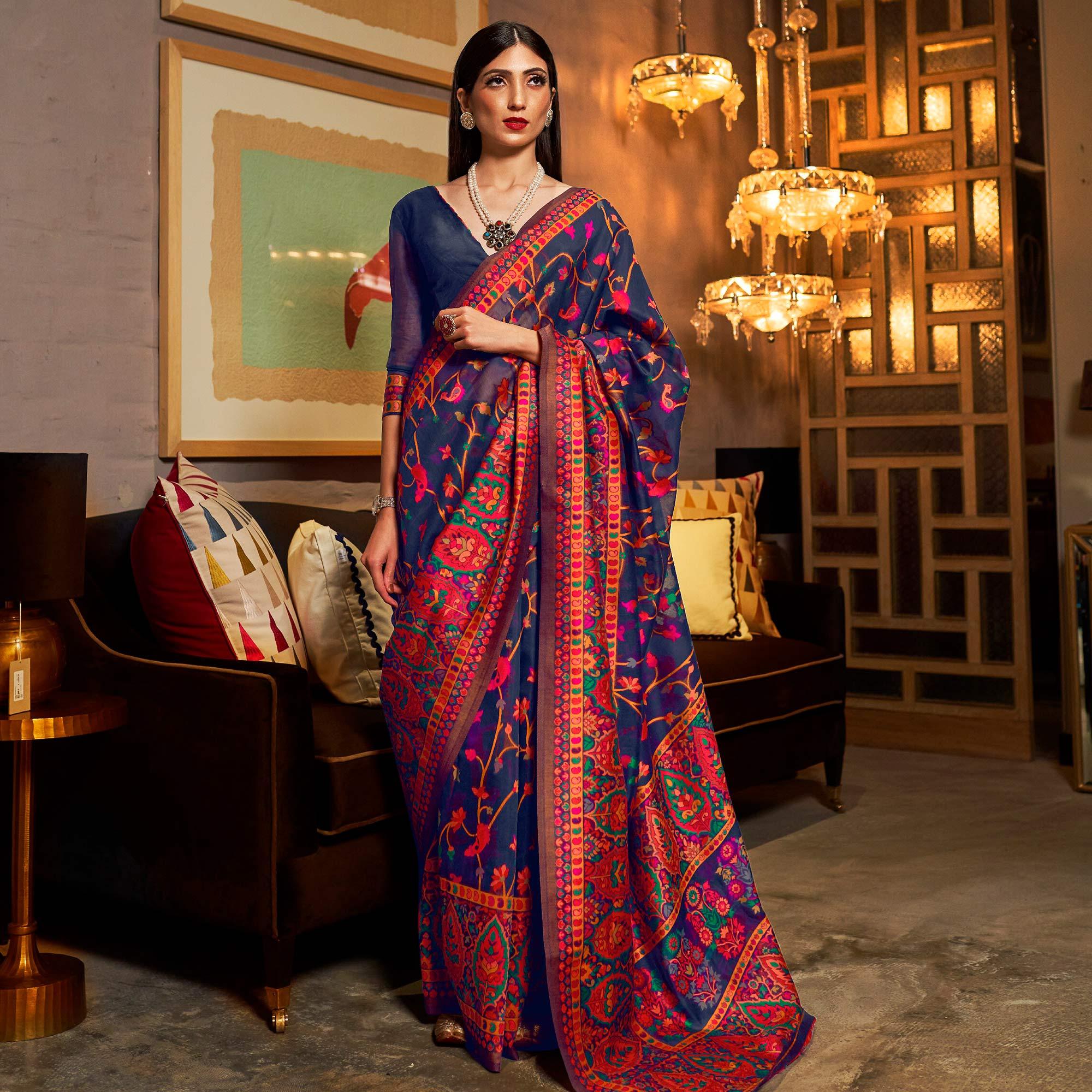 Mesmeric Dark Blue Colored Festive Wear Woven Chanderi Saree - Peachmode