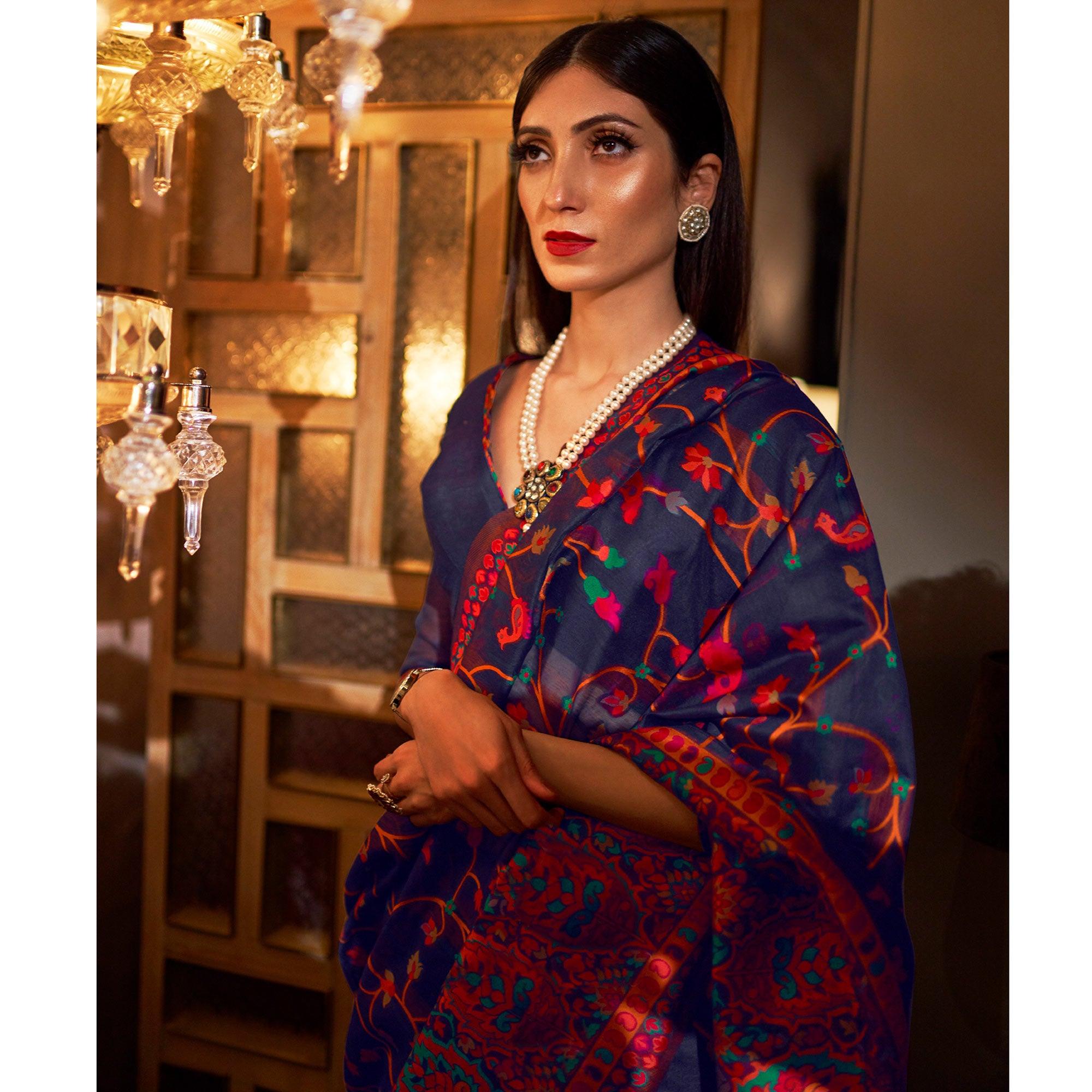 Mesmeric Dark Blue Colored Festive Wear Woven Chanderi Saree - Peachmode