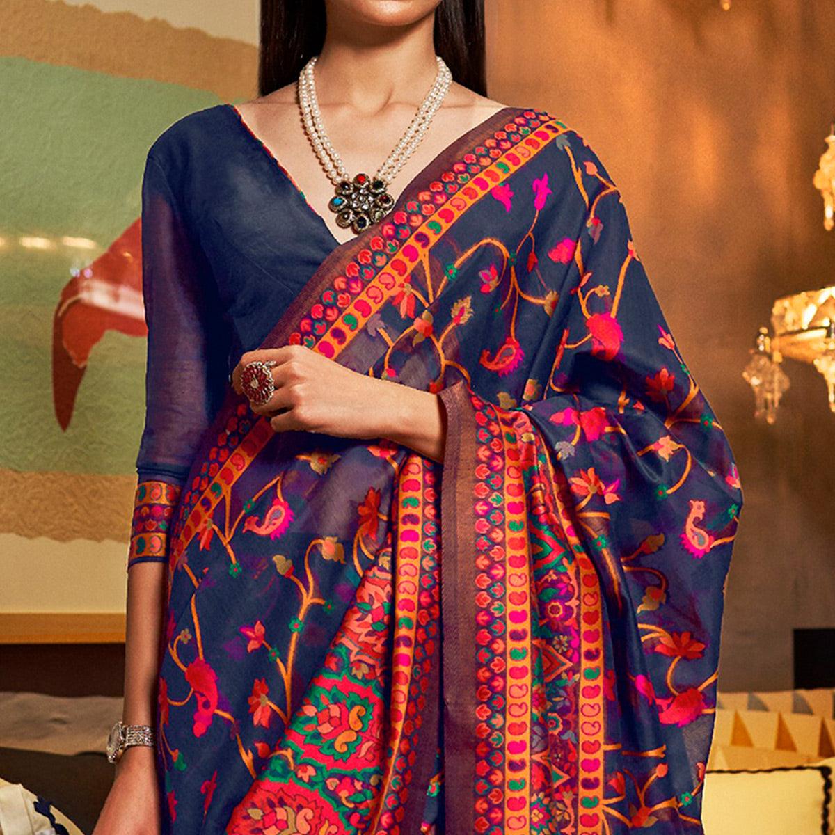 Mesmeric Dark Blue Colored Festive Wear Woven Chanderi Saree - Peachmode