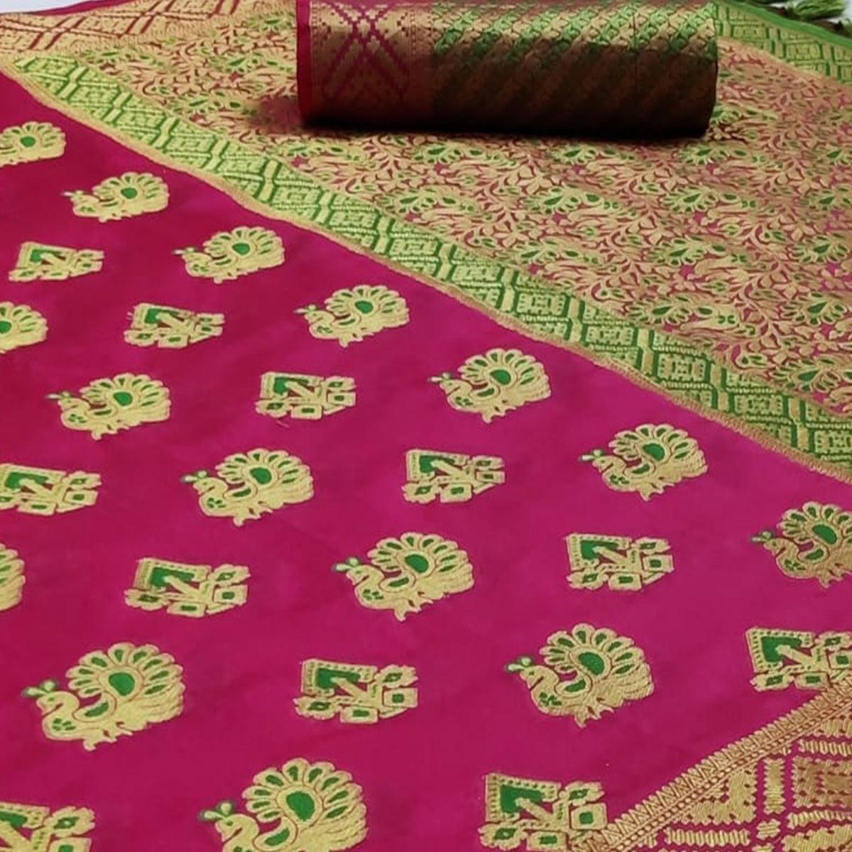 Mesmeric Dark Pink Colored Festive Wear Woven Cotton Saree - Peachmode