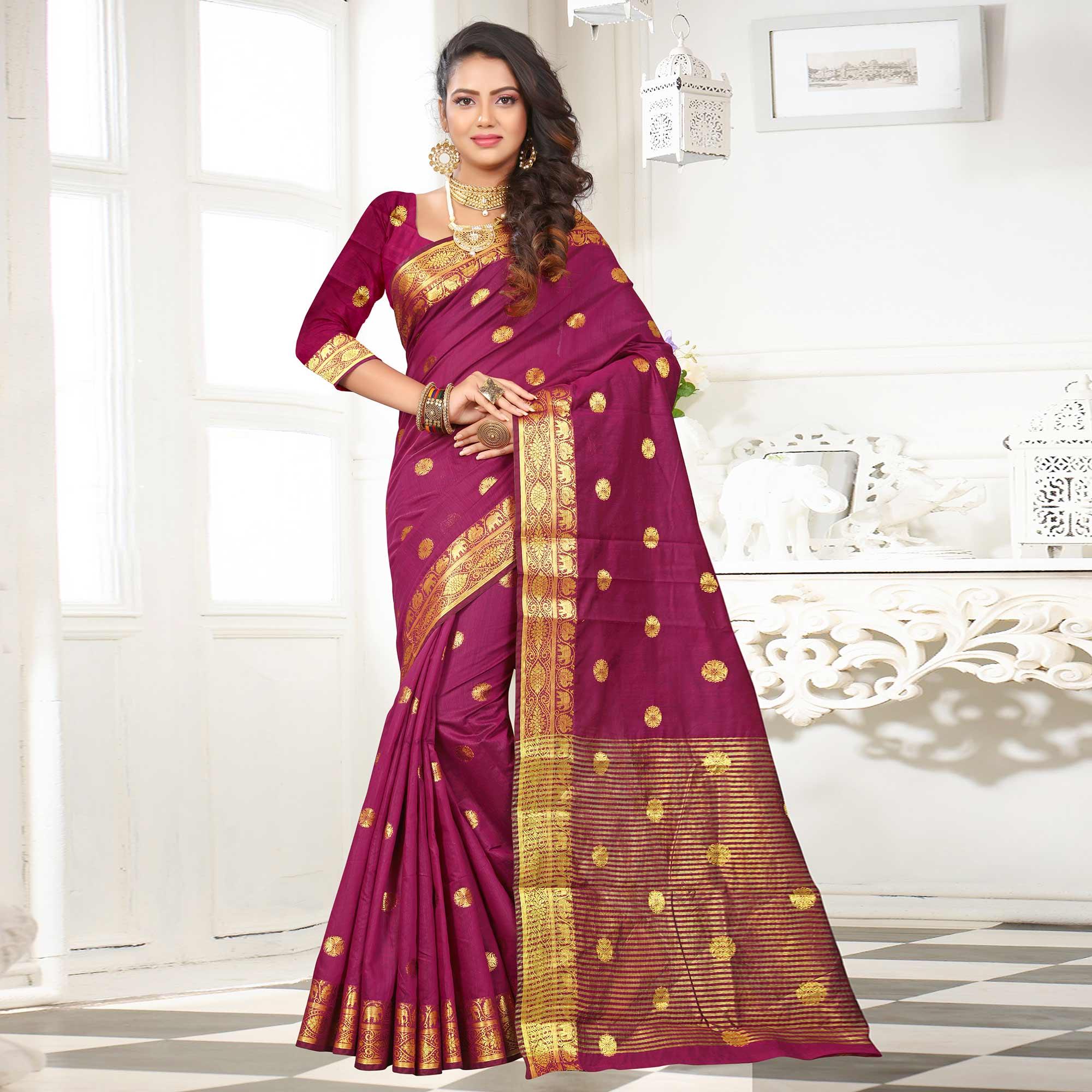 Mesmeric Dark Pink Colored Festive Wear Woven Cotton Silk Saree - Peachmode