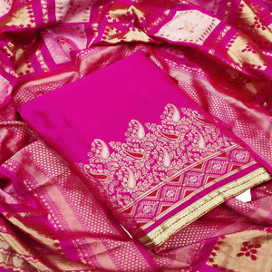 Mesmeric Dark Pink Colored Festive Wear Woven Heavy Banarasi Silk Dress Material - Peachmode