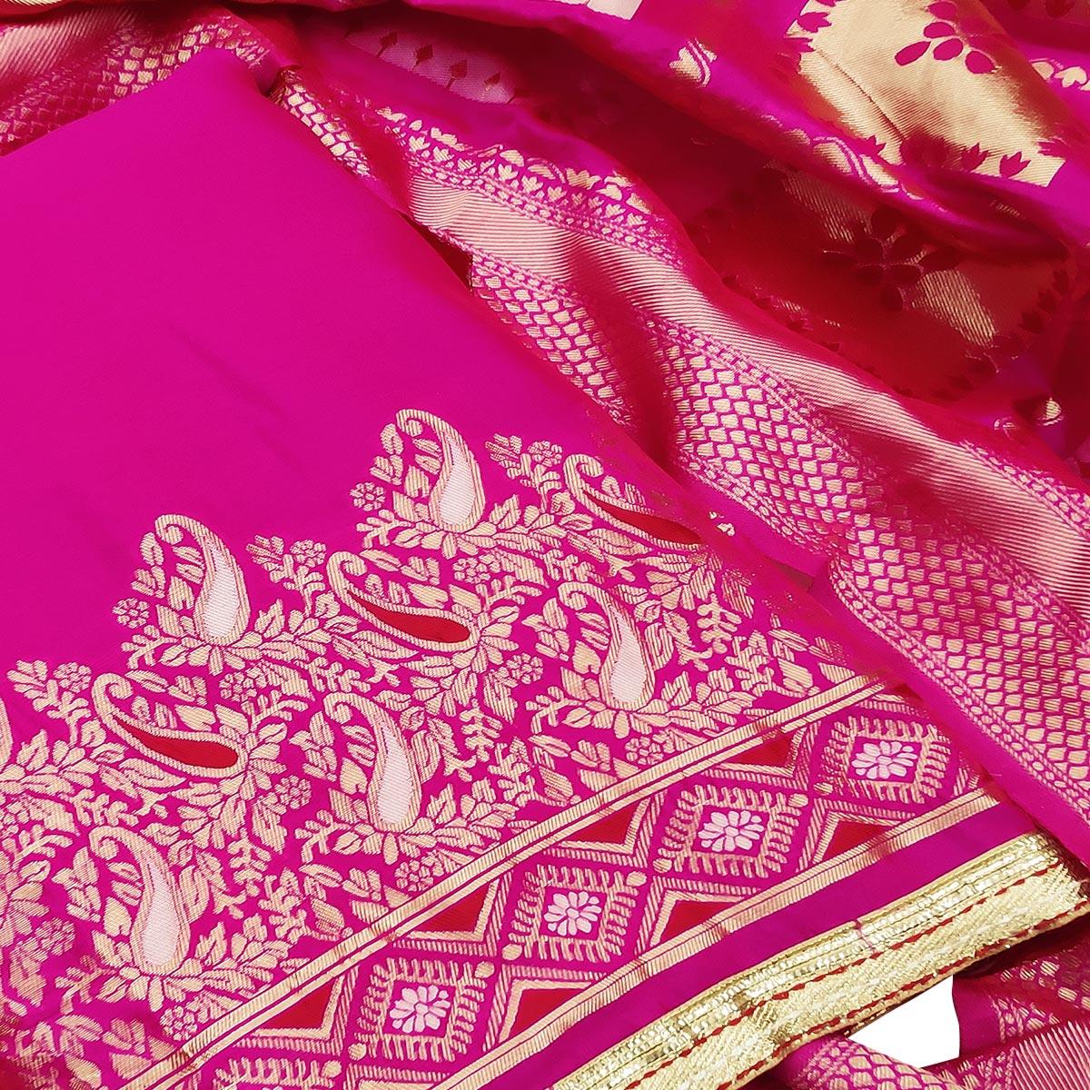 Mesmeric Dark Pink Colored Festive Wear Woven Heavy Banarasi Silk Dress Material - Peachmode
