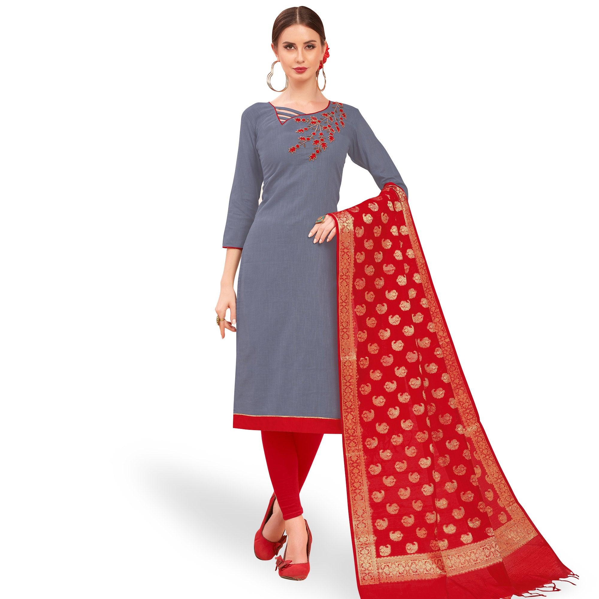 Mesmeric Gray Colored Casual Wear Embroidered Cotton Dress Material With Banarasi Silk Dupatta - Peachmode