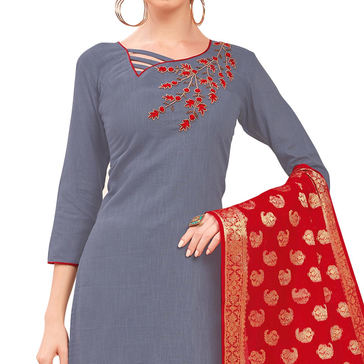 Mesmeric Gray Colored Casual Wear Embroidered Cotton Dress Material With Banarasi Silk Dupatta - Peachmode