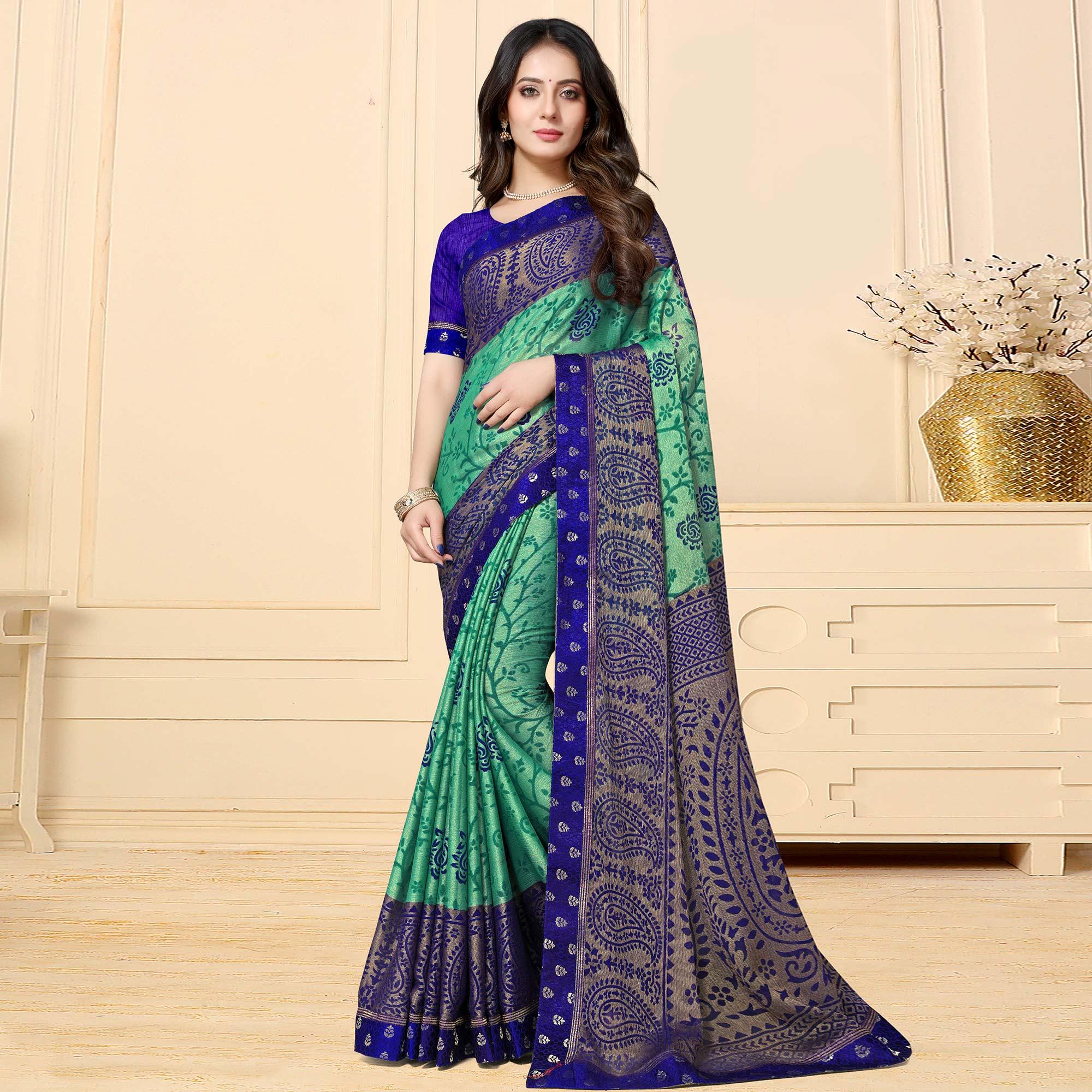 Mesmeric Green Colored Festive Wear Printed Chiffon Brasso Saree - Peachmode