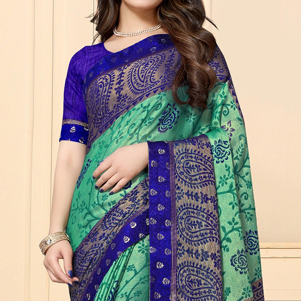 Mesmeric Green Colored Festive Wear Printed Chiffon Brasso Saree - Peachmode