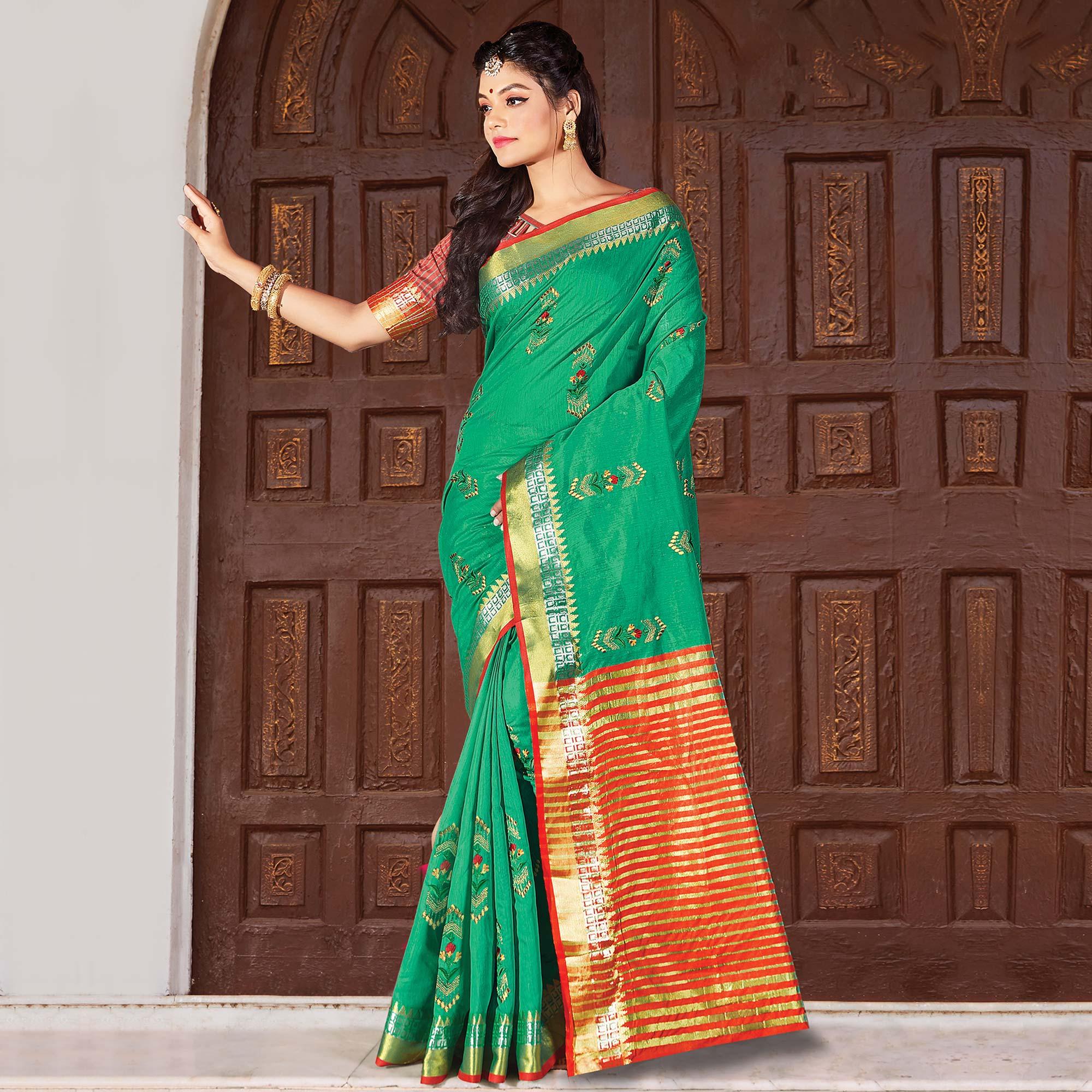 Mesmeric Green Colored Festive Wear Woven Cotton Silk Saree - Peachmode