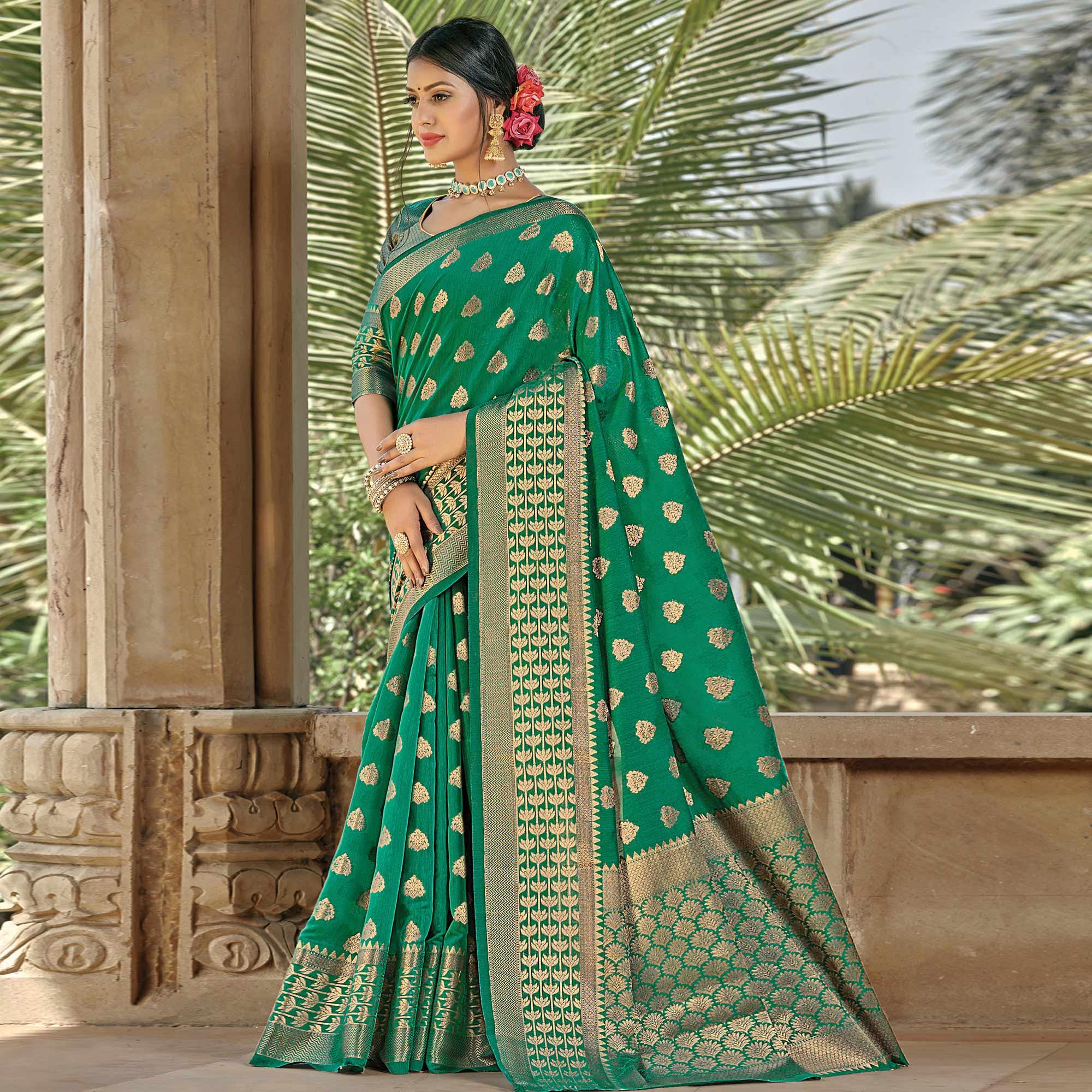 Mesmeric Green Colored Festive Wear Woven Handloom Cotton Saree - Peachmode