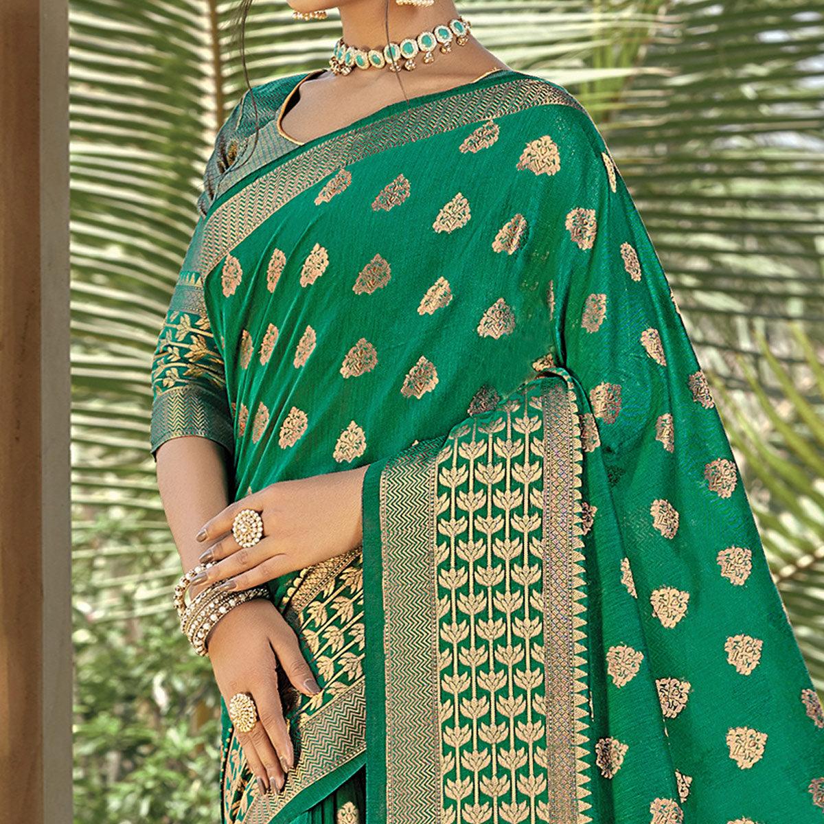 Mesmeric Green Colored Festive Wear Woven Handloom Cotton Saree - Peachmode